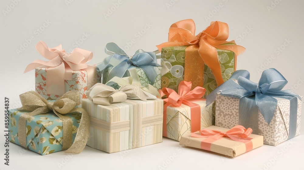 Obraz premium Different wrapped gift boxes with ribbons bows on white background gift giving, bow wedding holiday box