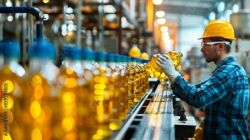 Bottling plant worker wearing hard hat safety glasses inspecting bottles cooking oil on production line, trade employment