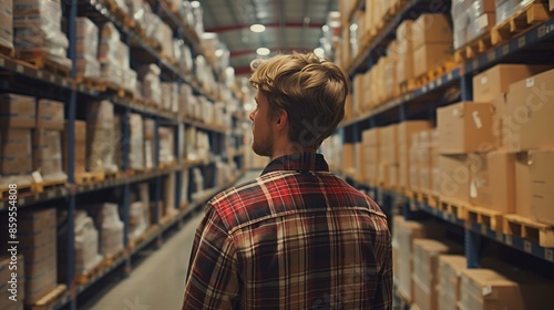 Young male warehouse worker looking at inventory in warehouse, storage caucasian management shelves