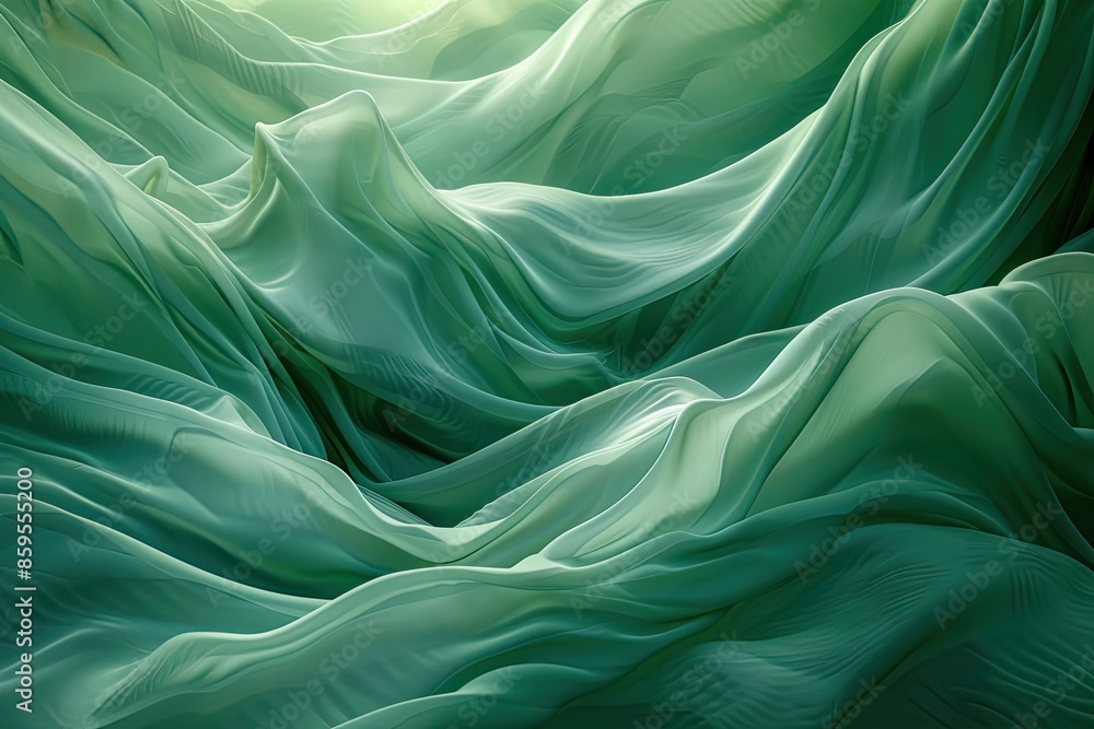 Obraz premium A green fabric with a wave pattern. The fabric is flowing and has a sense of movement. The color green is dominant and gives the impression of calmness and serenity