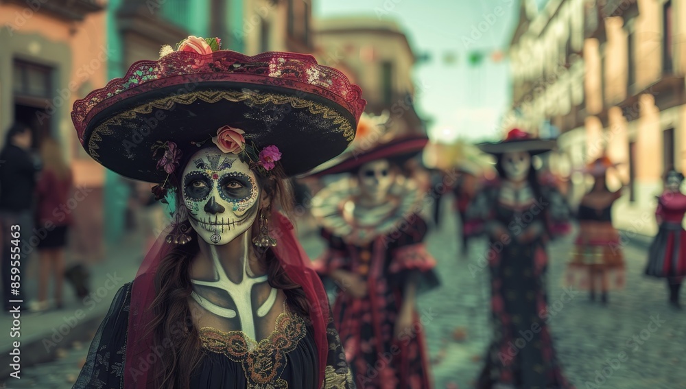 Obraz premium Day of the Dead Festival Parade with Traditional Costumes and Painted Faces in Mexican Streets