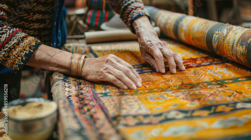 A woman is working on a piece of fabric photo