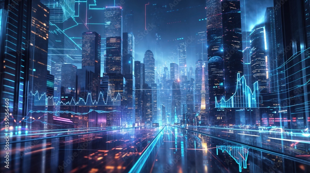 A nighttime view of a futuristic city with financial data projections A nighttime view of a futuristic city with financial data projections