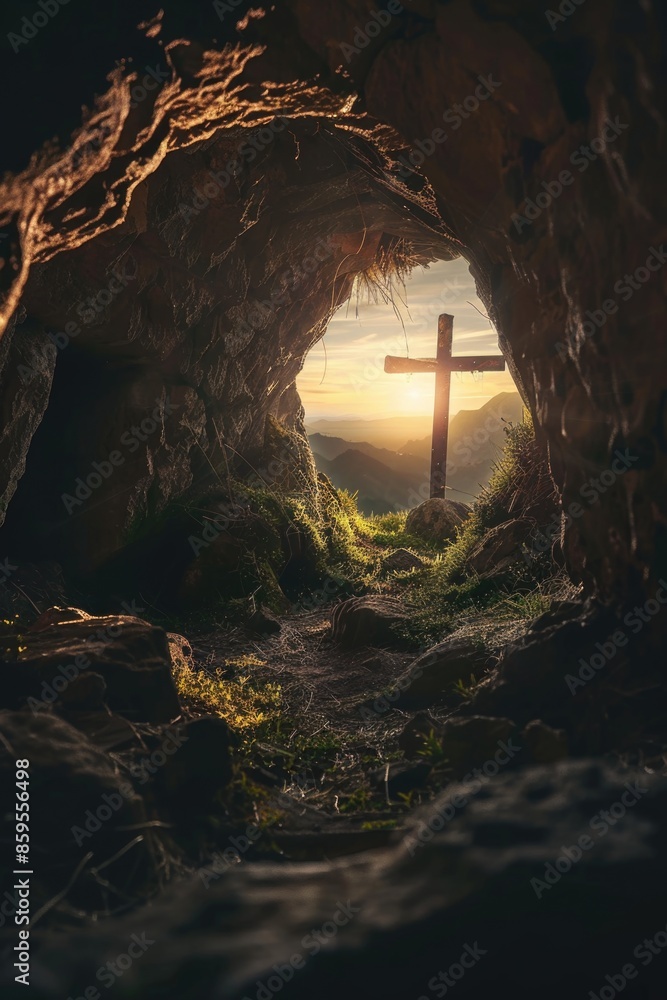 Obraz premium A cross in a cave with a warm sunset glow in the background