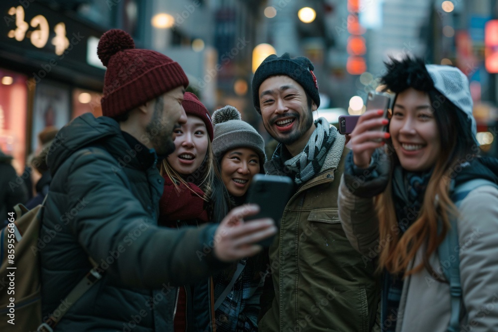 A group of friends happily taking a selfie together on a bustling city street during winter. A group of friends happily taking a selfie together on a bustling city street during winter.