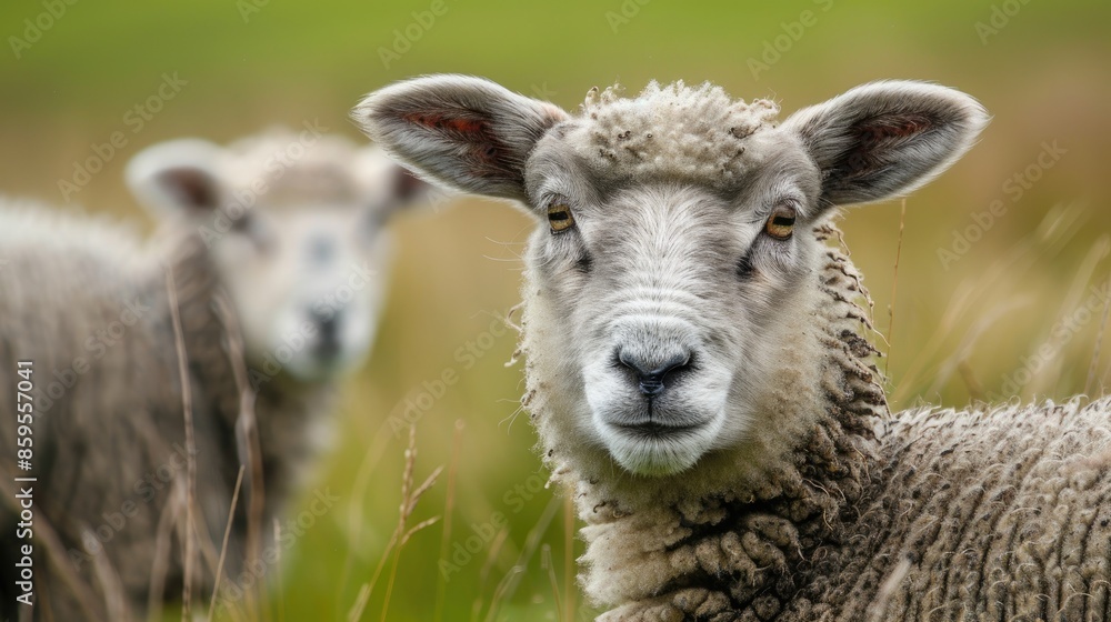 Close up of juvenile Dalesbred sheep in spring on lush moorland Nidderdale Yorkshire Horizontal with free space Close up of juvenile Dalesbred sheep in spring on lush moorland Nidderdale Yorkshire Horizontal with free space