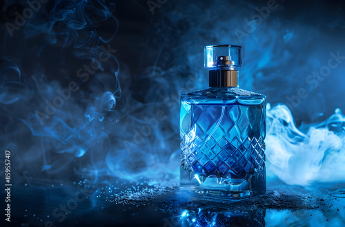 bottle of blue perfume on the table, surrounded by dark blue background
