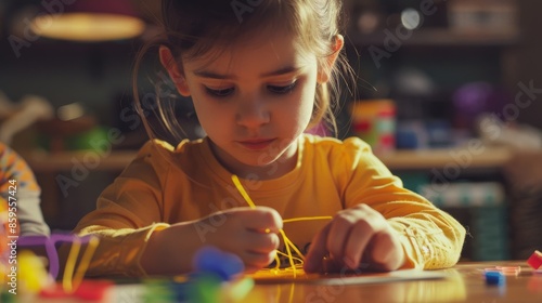Kids practicing fine motor skills with lacing cards,  threading strings through holes