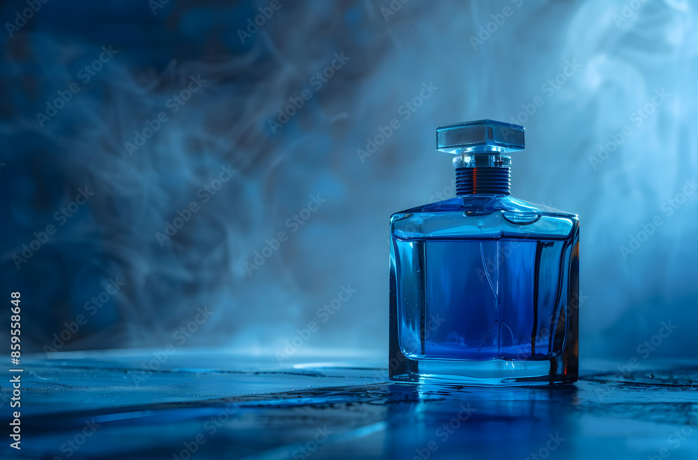 bottle of blue perfume on the table, surrounded by dark blue background bottle of blue perfume on the table, surrounded by dark blue background