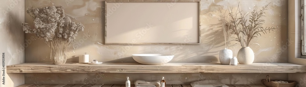 White blank mockup frame, fully visible, rustic bathroom with wooden surfaces, warm lighting, 3D render, homely and charming White blank mockup frame, fully visible, rustic bathroom with wooden surfaces, warm lighting, 3D render, homely and charming