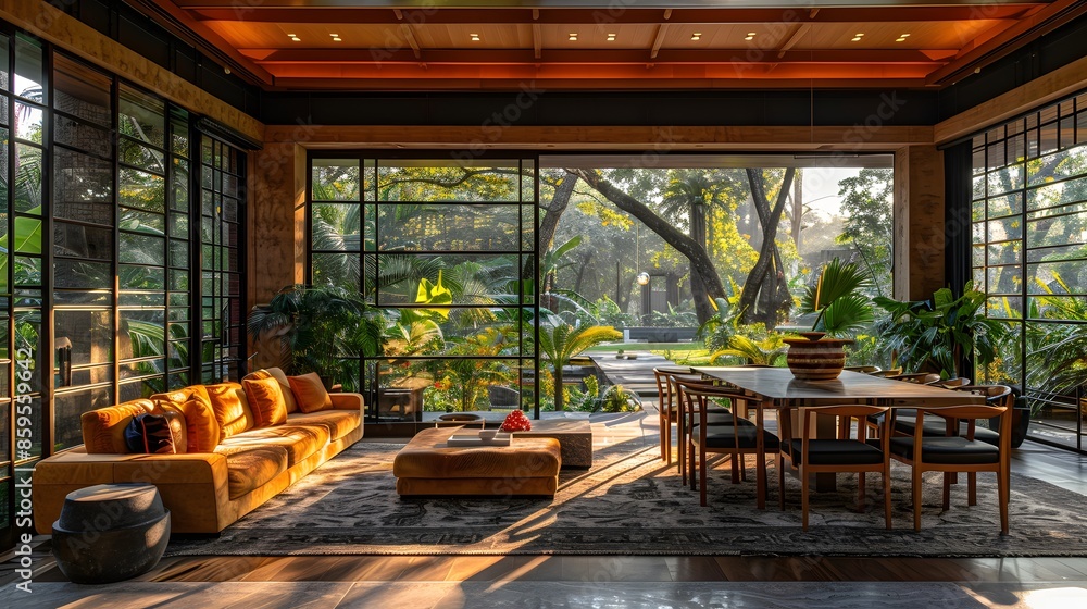 Modern living room with expansive windows overlooking a serene garden setting and contemporary furniture featuring a sofa and a dining table. Modern living room with expansive windows overlooking a serene garden setting and contemporary furniture featuring a sofa and a dining table.