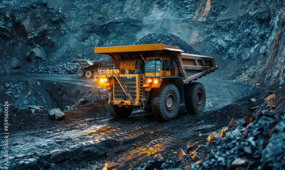 A dump truck loaded with coal drives through a bustling coal mine, ready to transport its valuable cargo A dump truck loaded with coal drives through a bustling coal mine, ready to transport its valuable cargo