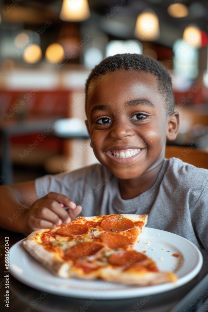 A young boy enjoying a slice of pizza at a table, perfect for food or lifestyle photography A young boy enjoying a slice of pizza at a table, perfect for food or lifestyle photography