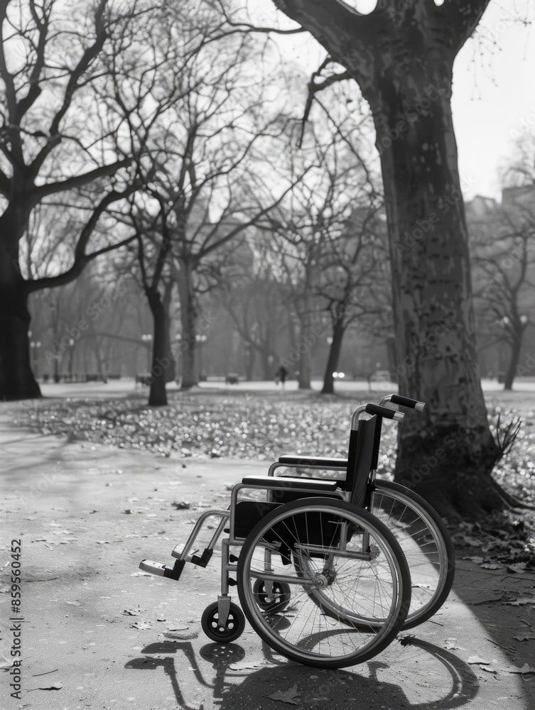 Obraz premium A black and white photo of a wheelchair in a park, suitable for use in stories about accessibility or disability awareness