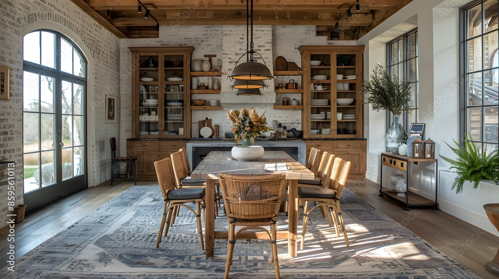Modern rustic kitchen with a dining area bathed in natural light and featuring elegant interior design elements. Modern rustic kitchen with a dining area bathed in natural light and featuring elegant interior design elements.