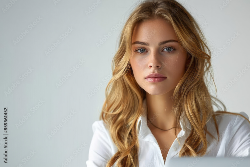 Female executive using a laptop, isolated on a clean white background, Female executive using a laptop, isolated on a clean white background,