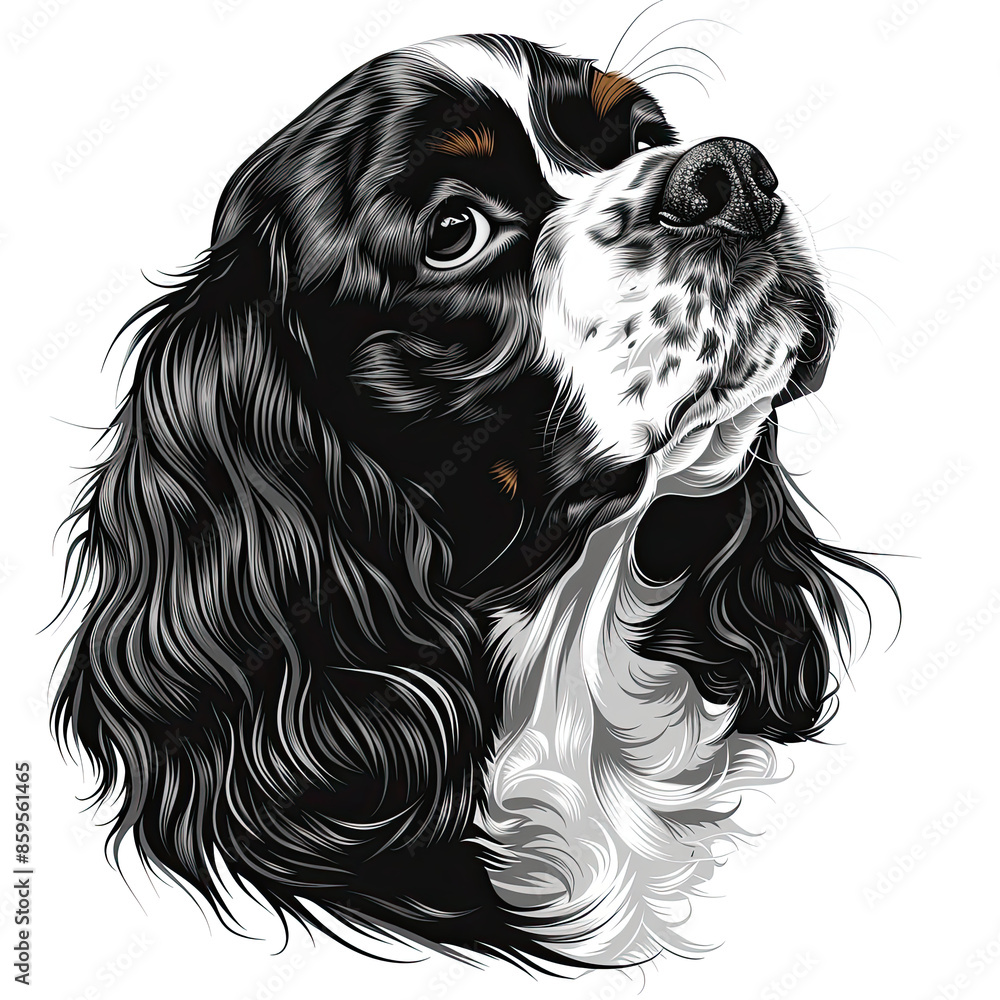A black and white drawing of a cavalier king charles spaniel dog A black and white drawing of a cavalier king charles spaniel dog