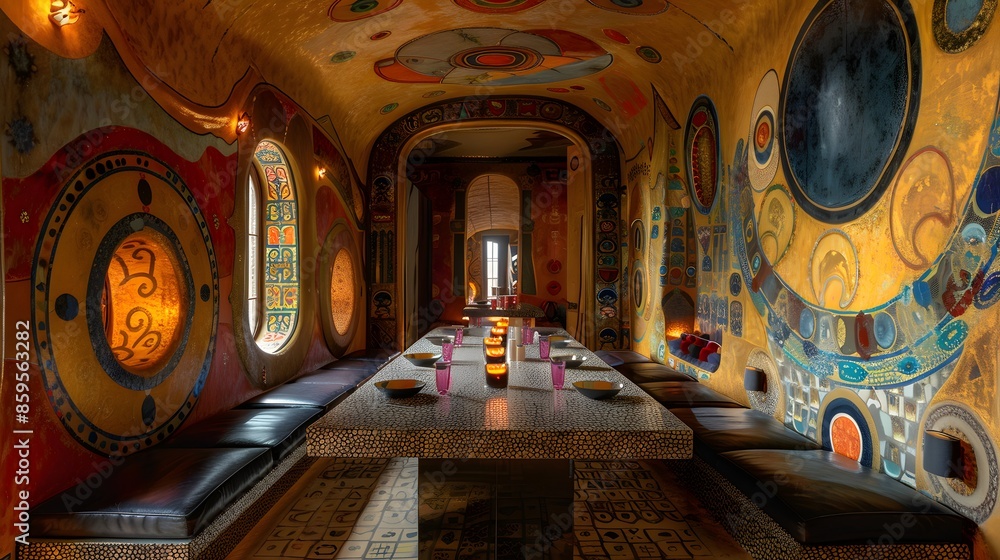 Obraz premium Opulent and colorful interior design of a room with intricate patterns and artwork, offering an exotic dining experience
