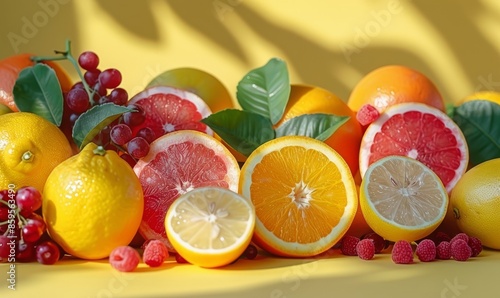 Colorful fresh fruits on colored table. Orange, lemon