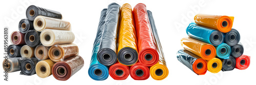 collection of stack of plastic sheeting rolls isolated on transparent background