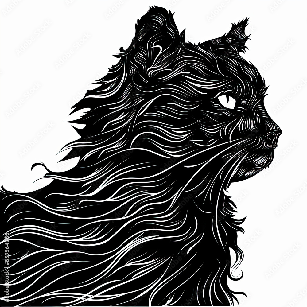 Obraz premium A black and white drawing of a cat with long hair