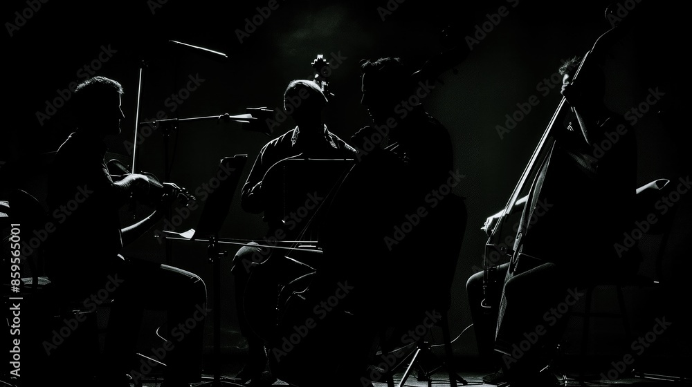 Fototapeta premium Silhouette of String Quartet Performing on Stage - Dramatic Black and White Concert Scene with Musicians and Instruments
