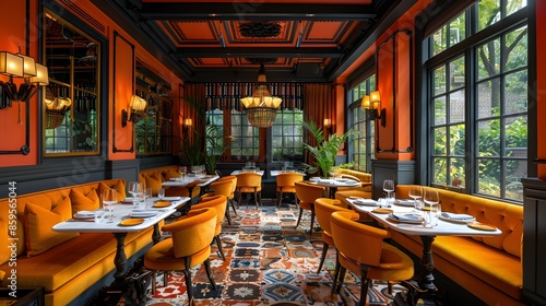 Fototapeta Naklejka Na Ścianę i Meble -  Elegant dining room with orange booths, patterned floor, and lush greenery viewed from the interior of a luxurious restaurant.