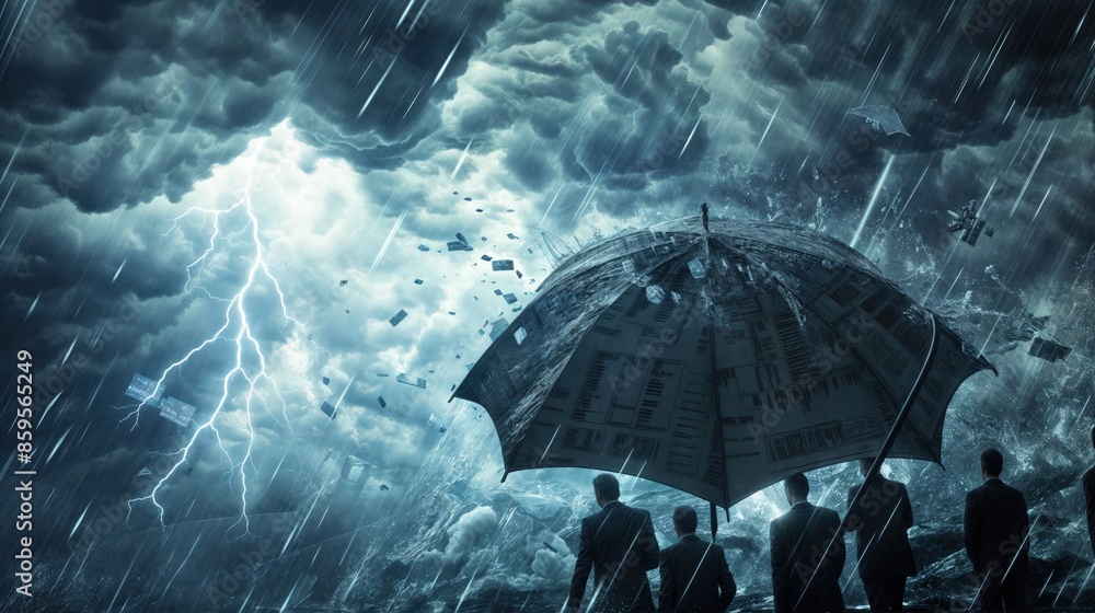 Businessmen sheltering under chart umbrella