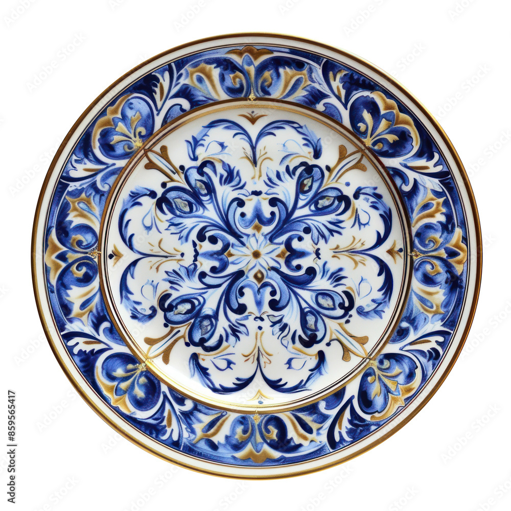 Ornate ceramic plate featuring an intricate blue and gold floral design on a white background. The detailed, symmetrical pattern and the fine gold accents give it a regal and elegant appearance, suita Ornate ceramic plate featuring an intricate blue and gold floral design on a white background. The detailed, symmetrical pattern and the fine gold accents give it a regal and elegant appearance, suita