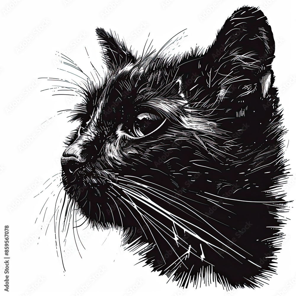 A black and white drawing of a cat 's face A black and white drawing of a cat 's face
