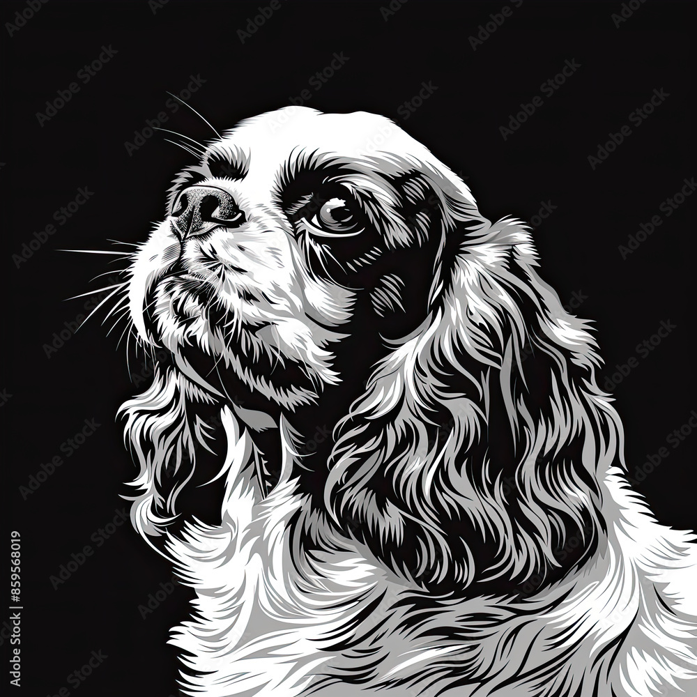 Obraz premium A black and white drawing of a Cavalier King Charles Spaniel dog