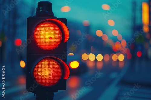 A city crossing with a semaphore, red and orange light in semaphore, traffic control and regulation concept.