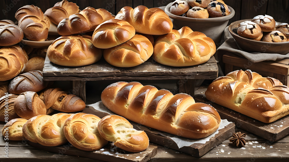 An array of freshly baked bread and pastries arranged on a rustic wooden table, Generative AI An array of freshly baked bread and pastries arranged on a rustic wooden table, Generative AI