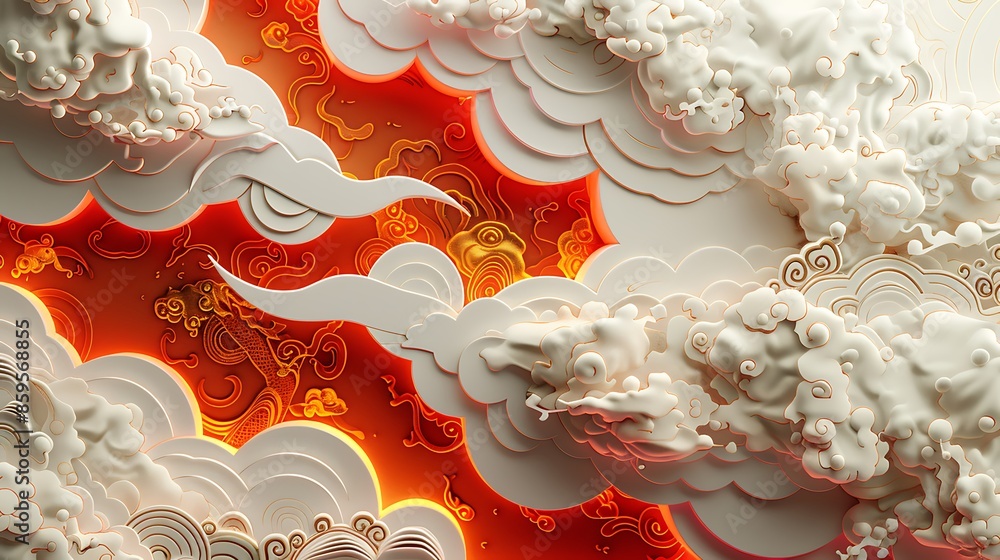 3D Abstract Asian Cloud Formation with Red and Gold Background 3D Abstract Asian Cloud Formation with Red and Gold Background