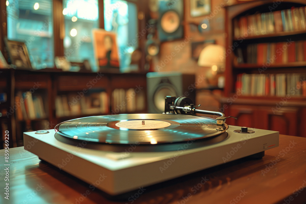 Obraz premium Focus on a silver vinyl record on a table (centerpiece), with a small speaker beside it,