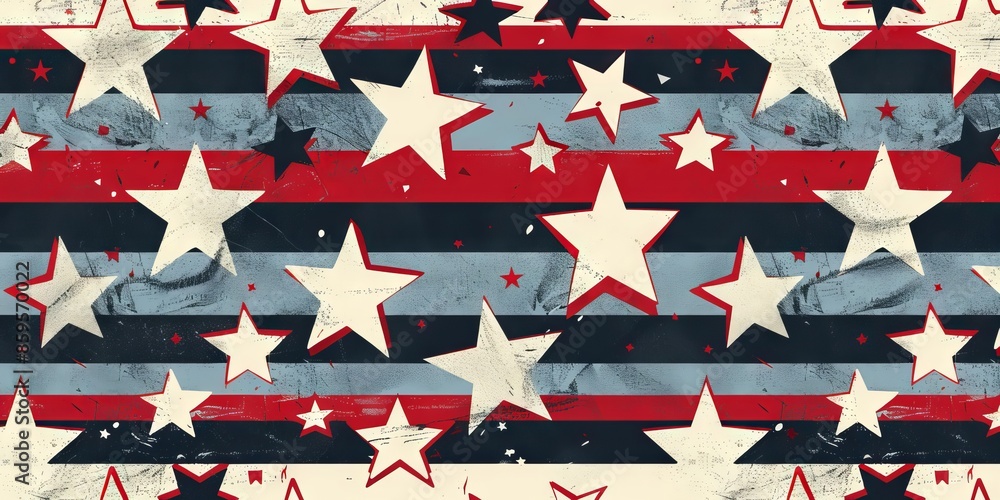 Fototapeta premium Bold Memorial Day background pattern with bold stripes and stars.