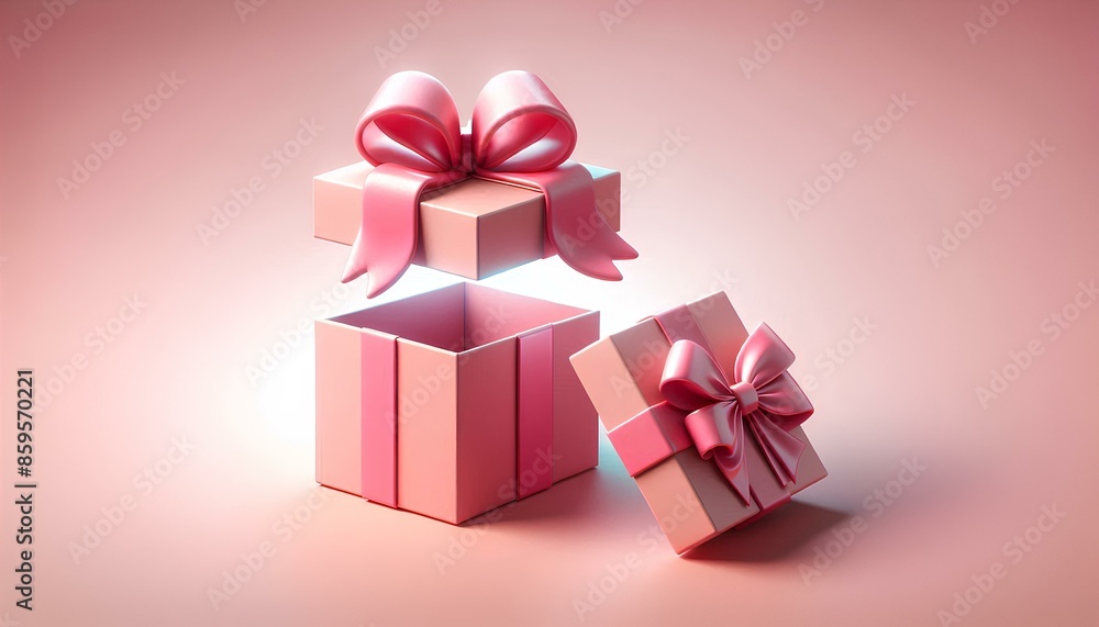 A pink gift box with a pink bow on top. The box is open with the top slightly ajar. A pink gift box with a pink bow on top. The box is open with the top slightly ajar.