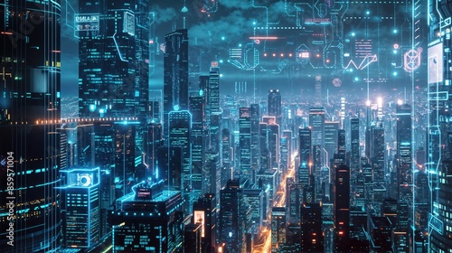 Futuristic cityscape with holograms and AI © Artur48