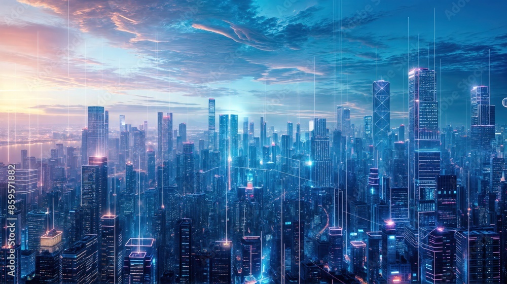 A futuristic city skyline with holograms and advanced AI A futuristic city skyline with holograms and advanced AI