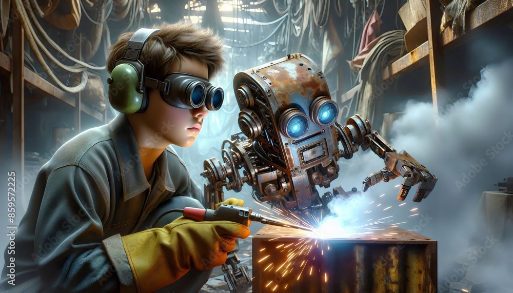 Grease-Covered Child Embracing Repaired Old Robot with Emotion Grease-Covered Child Embracing Repaired Old Robot with Emotion