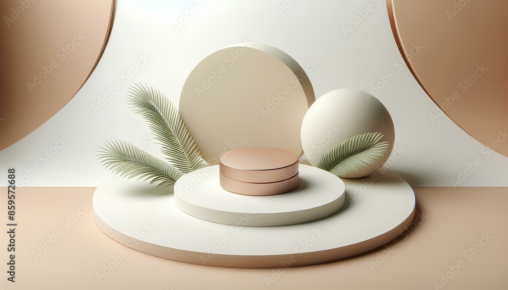 Fototapeta premium minimalist product display with a white circular platform surrounded by a white sphere and palm leaves. The platform sits on a beige background with a subtle lighting effect. 
