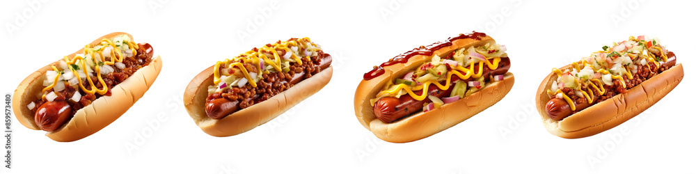 Collection of delicious Chili Cheese Hot Dog isolated on transparent background Collection of delicious Chili Cheese Hot Dog isolated on transparent background