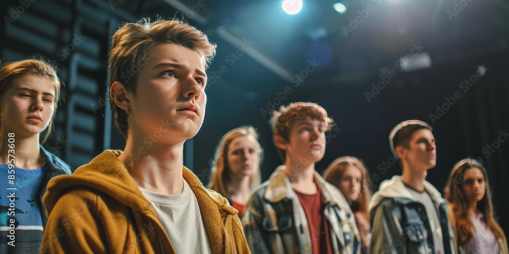 Obraz premium Theater Rehearsal of College Students Acting in Drama Performance Displaying Emotions