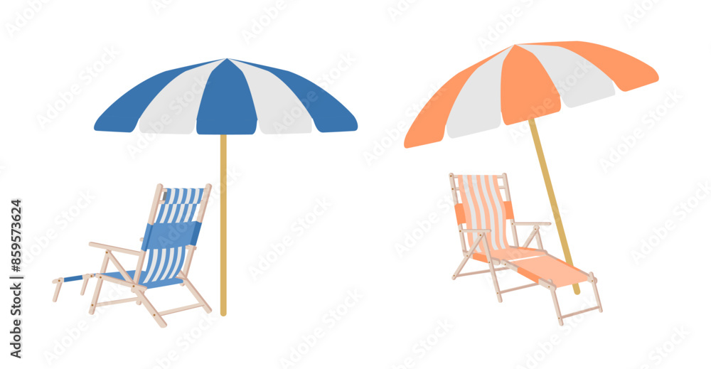 beach chair and umbrella vector set, steamer chair front view and side view. vector illustration isolated on white background. beach chair and umbrella vector set, steamer chair front view and side view. vector illustration isolated on white background.