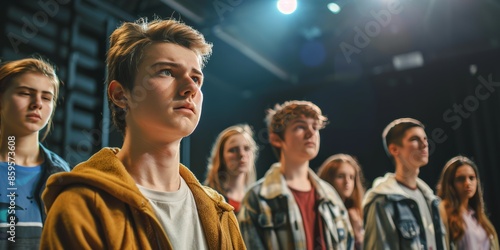 Theater Rehearsal of College Students Acting in Drama Performance Displaying Emotions © Bendix