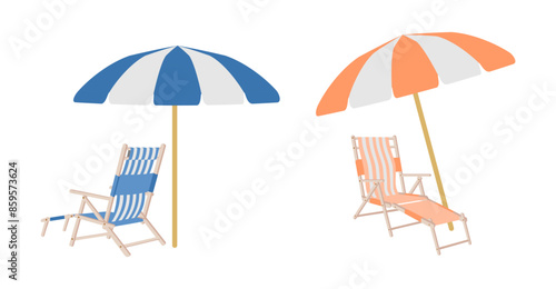 beach chair and umbrella vector set, steamer chair front view and side view. vector illustration isolated on white background.