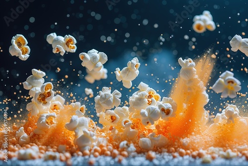 A dynamic image of popcorn being tossed into the air, with kernels forming a popcorn explosion, accompanied by vibrant colors and motion trails. Concept web banner.