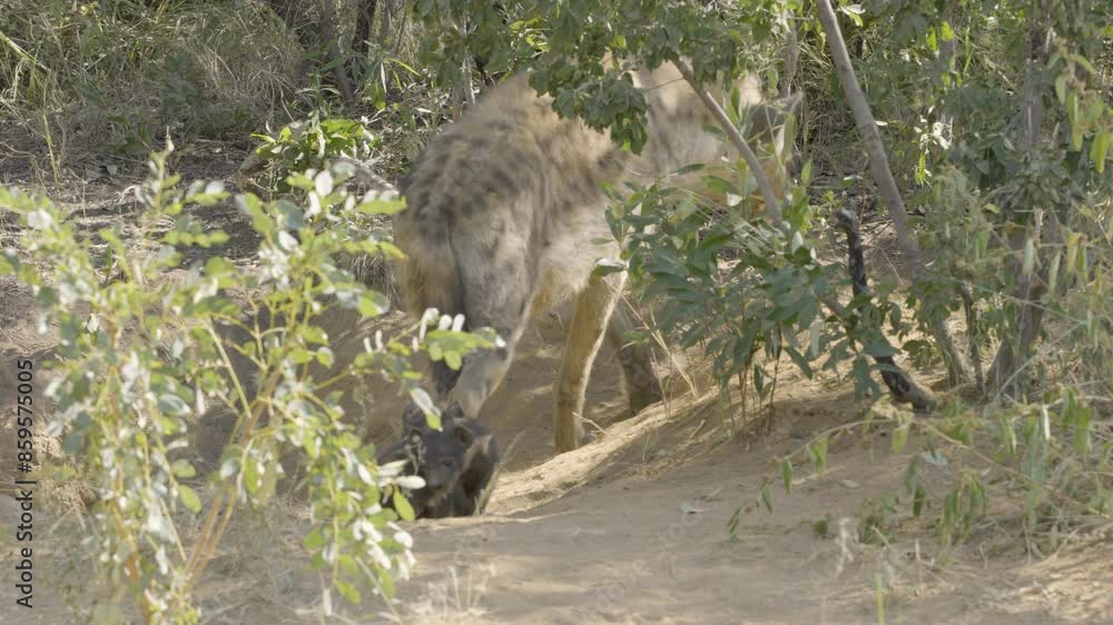 2 Spotted Hyena Cubs Play Around As Mother Walks Off 2 Spotted Hyena Cubs Play Around As Mother Walks Off