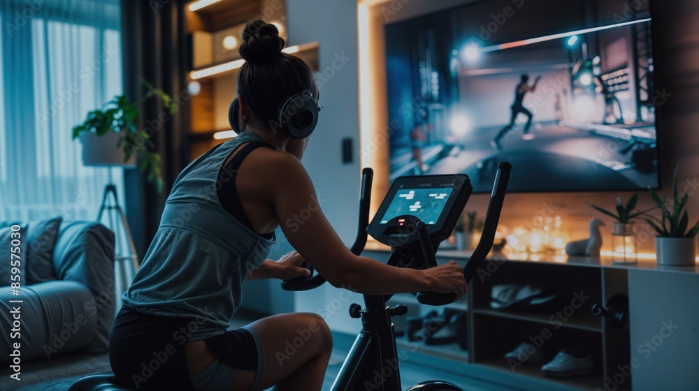 Woman uses smart fitness mirror for guided workout
