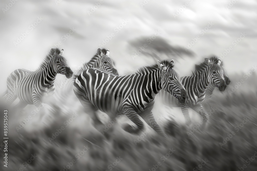 Fototapeta premium A group of zebras runs across the savannah, dust rising from their hooves